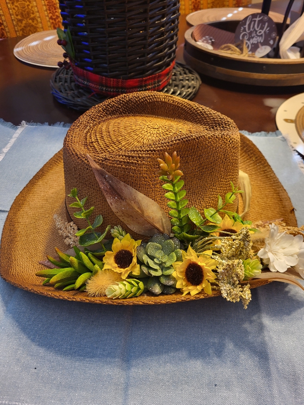 Straw Cowboy Hat Decor With Yellow Sunflower & Green Succulent Trim. Handcrafted